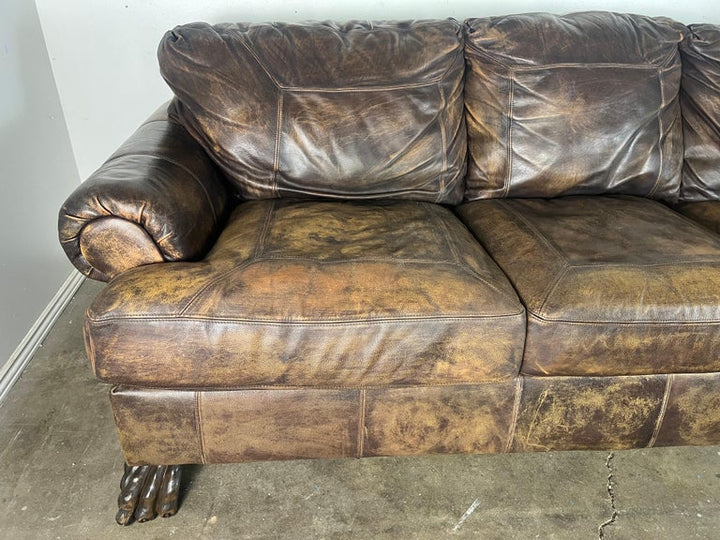 Mid-20th C. Leather Upholstered Sofa w/ Lion Paw Feet