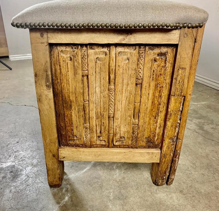 Monumental Spanish Carved Wood Bench with Linen Upholstery