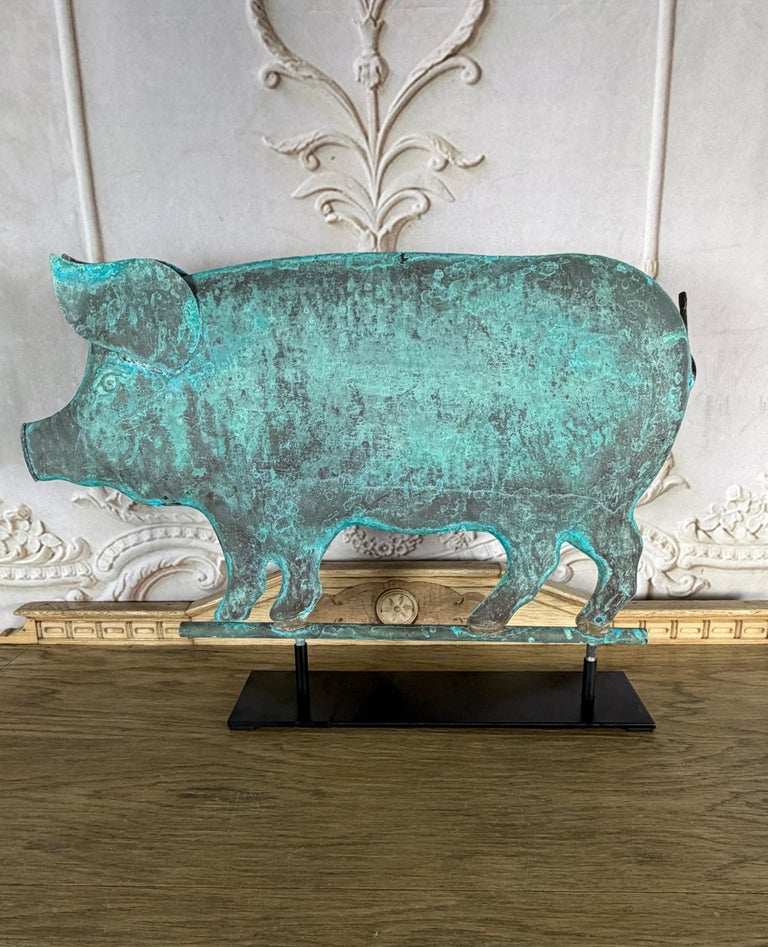 Folk Art Copper Pig Weathervane Object on Iron Base