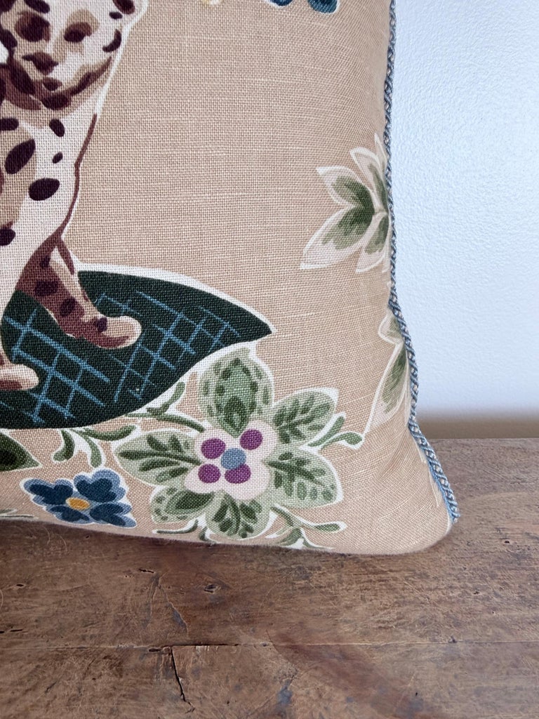 Designer Linen Throw Pillow in Exotic “Braganza” Jungle Print with Leopard Motif