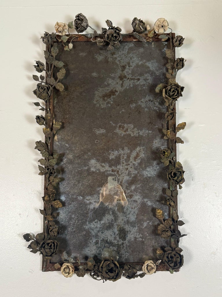 Antique Mid-Century Wrought Iron Mirror with Floral Motif