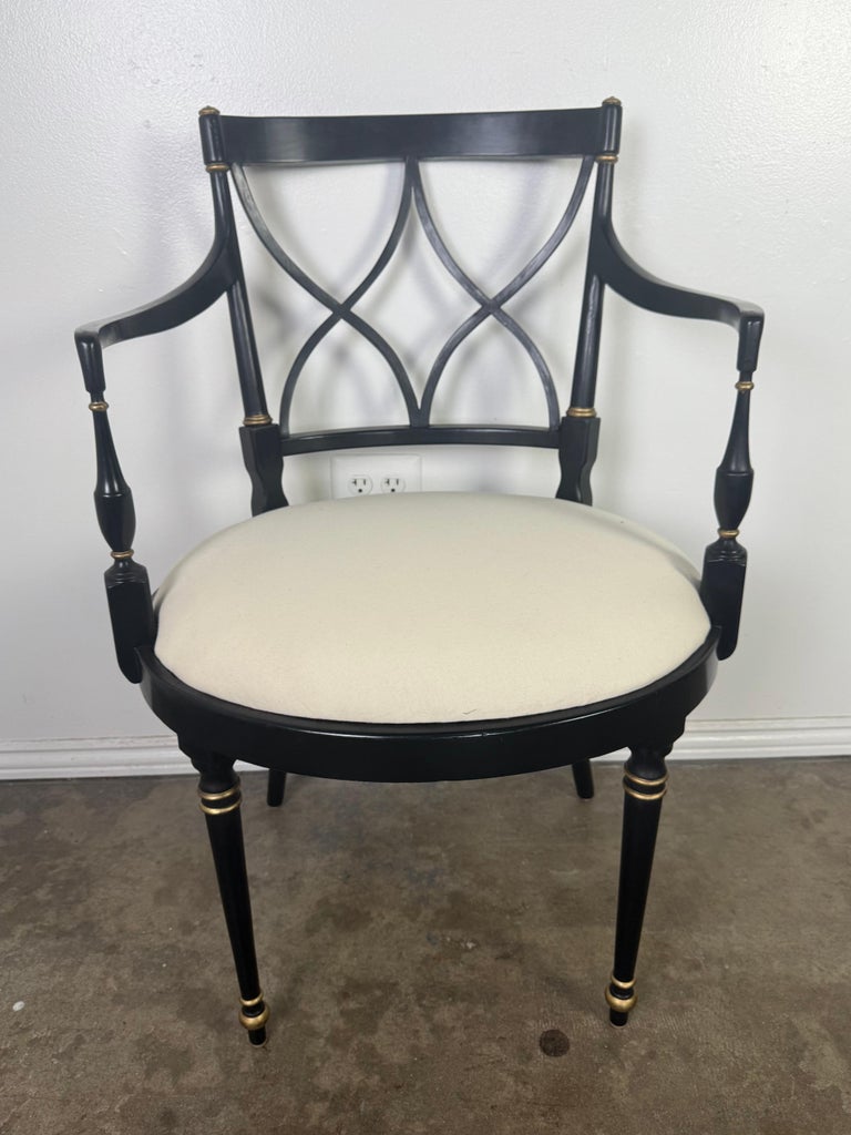 Set of Ten Regency-Style Ebonized Dining Chairs with Linen Seats