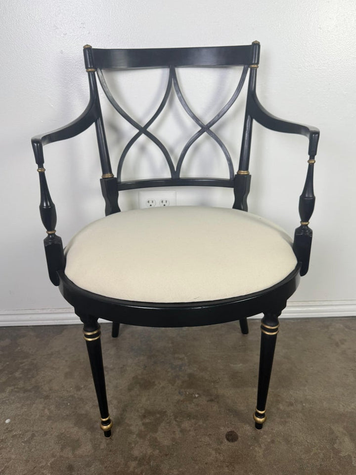 Set of Ten Regency-Style Ebonized Dining Chairs with Linen Seats