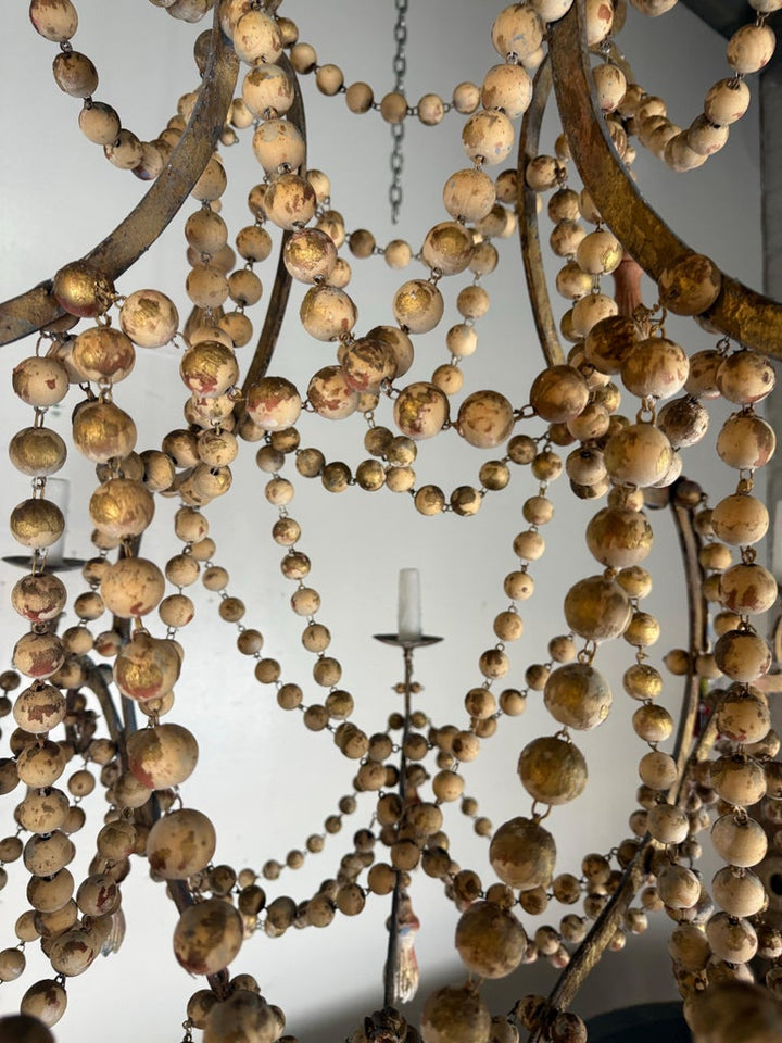Monumental Italian Parcel-Gilt & Painted Wood-Bead Chandelier