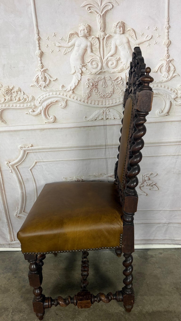 Set of 6 Antique Jacobean Hunt Chairs in Heavily Carved Oak with Cognac Leather