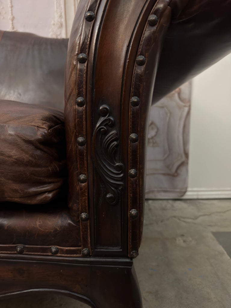 Ralph Lauren Home "Belmont" Hand-Carved Leather Camelback Sofa With Scroll Arms