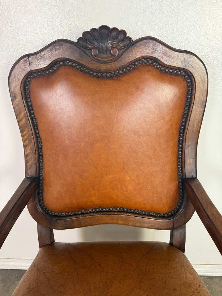 Set of Eight French Carved Wood Dining Chairs with Leather Upholstery