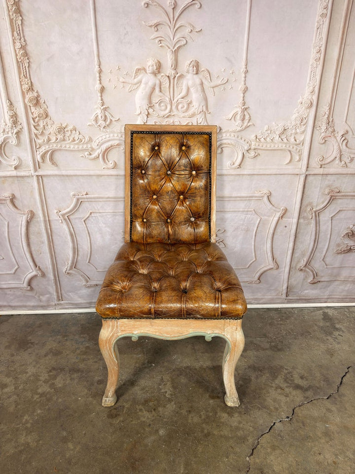 Set of 8 French Louis XV Dining Chairs, Leather Tufted, 1960s