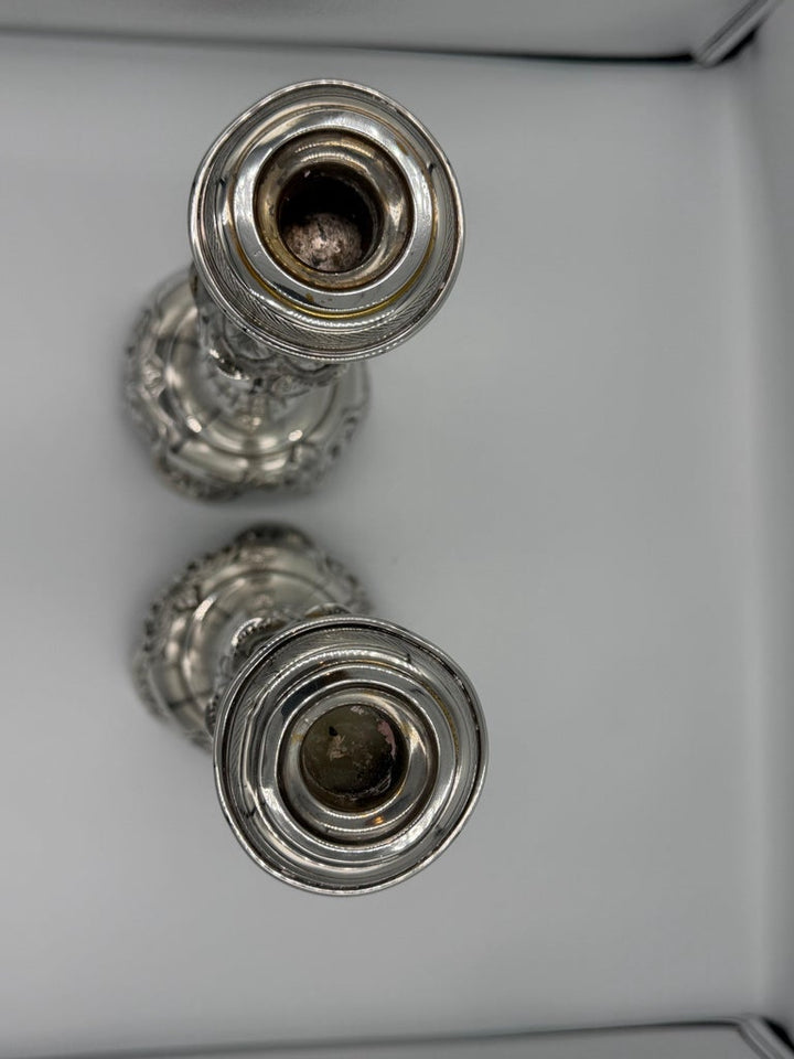 Pair of Antique Sterling Silver Baroque Revival Candlesticks with Repoussé