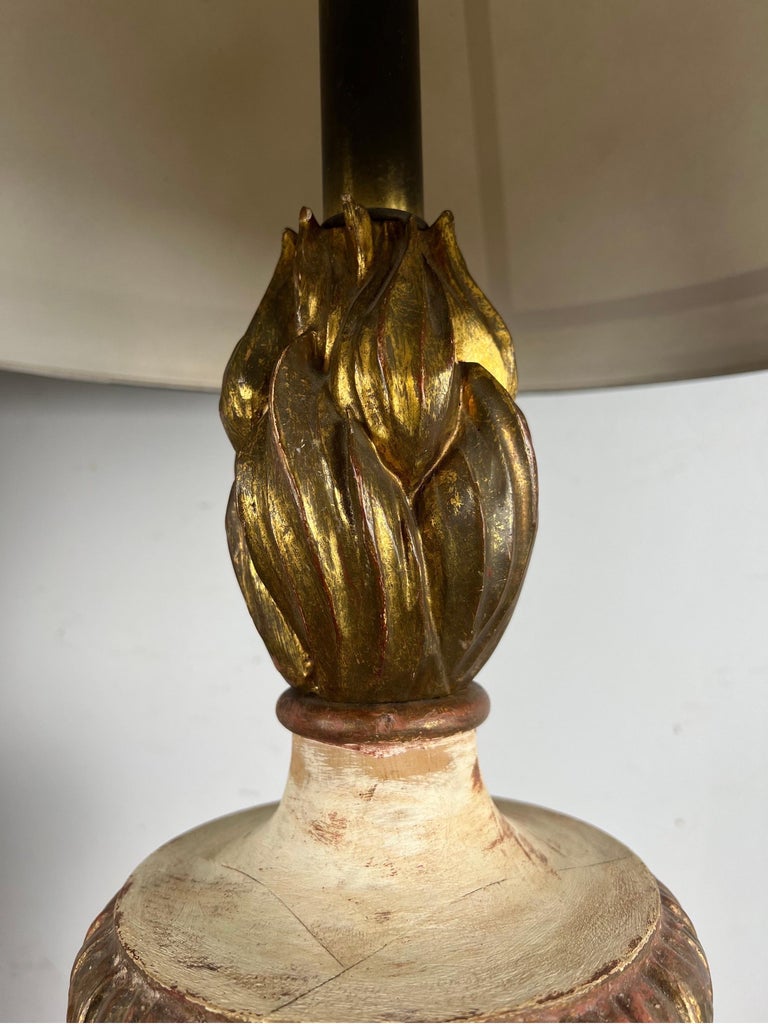 Pair of Painted & Parcel Gilt Carved Flame Lamps w/ Parchment Shades