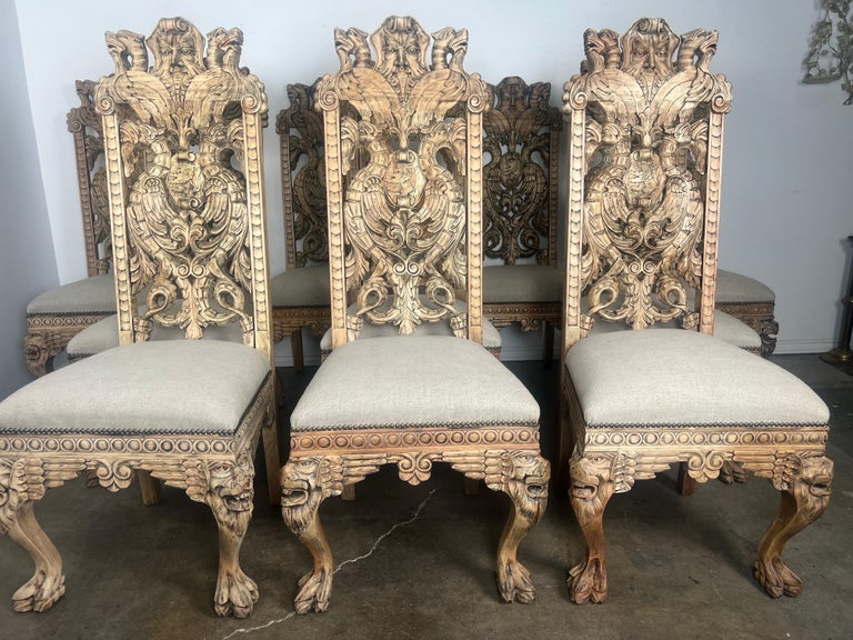 Set of Ten Gothic Style  Carved English Dining Chairs