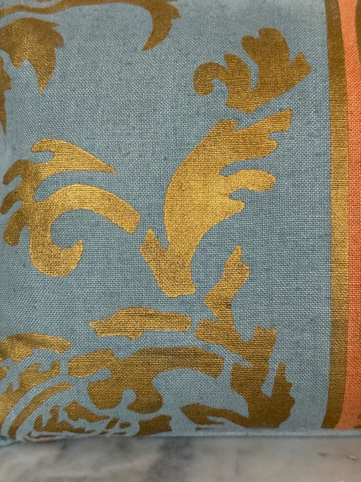 Nomi Stenciled Linen Lumbar Pillows in Celeste Blue, USA