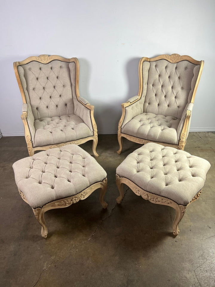 Pair of French Wingback Louis XV Style Armchairs w/ Matching Ottomans