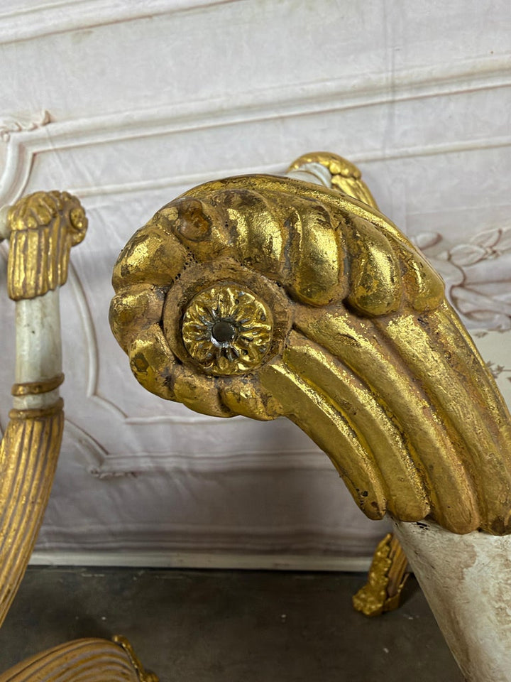 Pair of Italian Neoclassical Curule Stools w/ Fortuny Upholstery