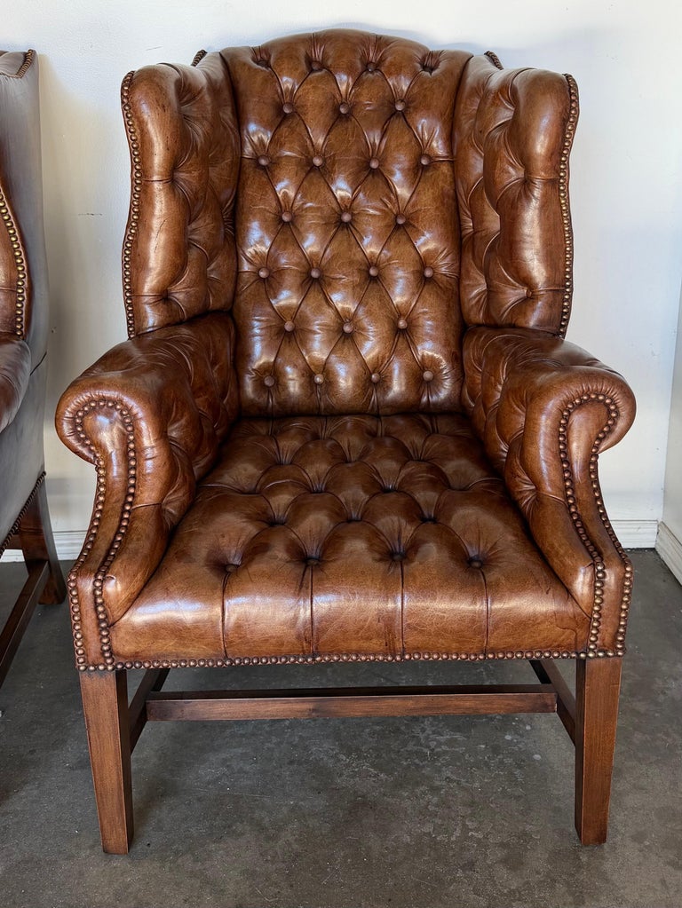 Georgian Wingback Armchairs, Leather Upholstery, Circa 1940s
