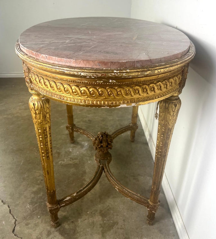 19th Century Louis XVI Style Gilt Wood Table w/ Marble Top