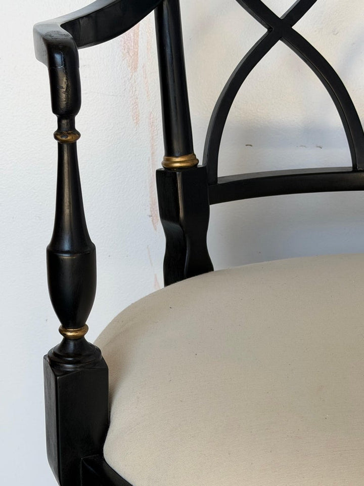 Set of Ten Regency-Style Ebonized Dining Chairs with Linen Seats