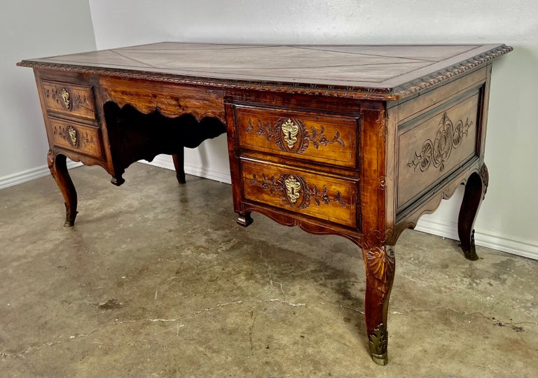 18th Century, French Walnut Leather Top Writing Table W/ Bronze Hardware