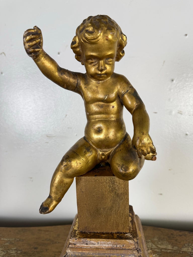 19th Century Italian Giltwood Cherub on Carved Plinth Base