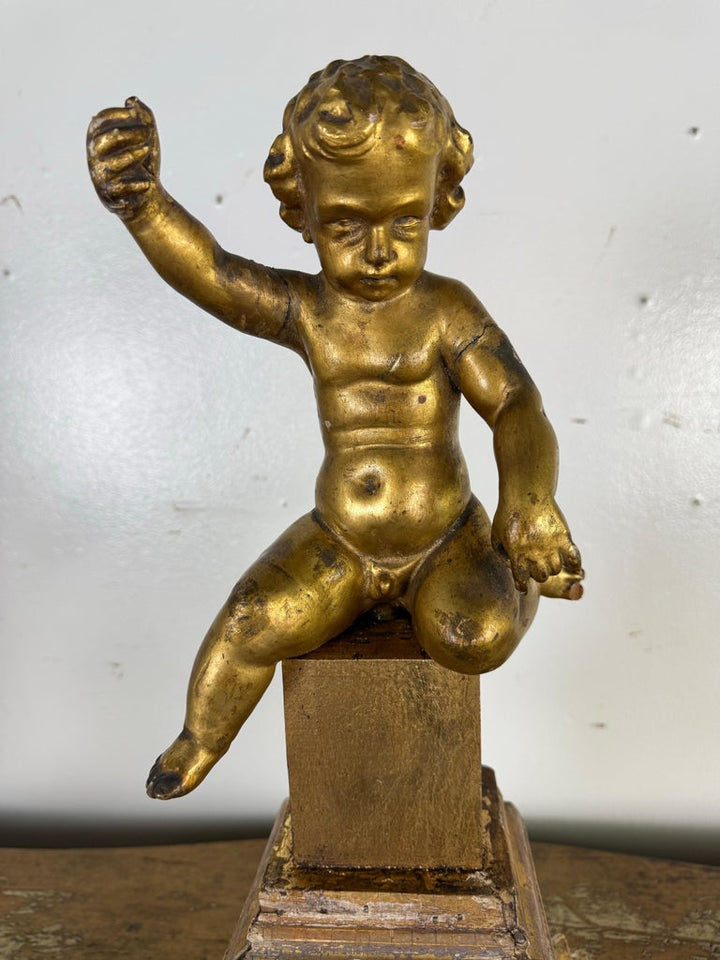 19th Century Italian Giltwood Cherub on Carved Plinth Base