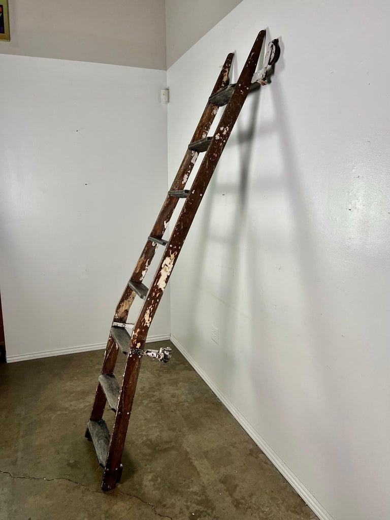 Antique Rustic Library Ladder, Iron & Wood with Distressed Patina