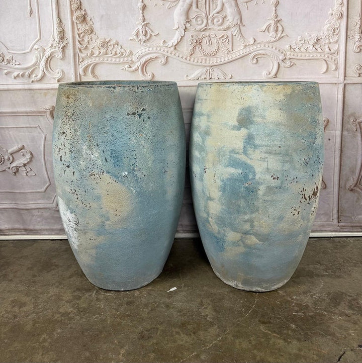 Pair of Large Atelier Vierkant Style Planters - Ocean Blue Patina Barrel Pots