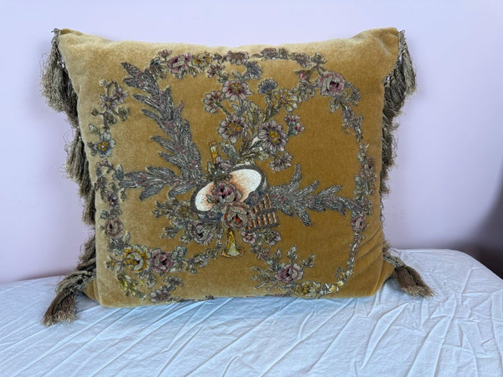19th C. Metallic & Chenille Embroidered Velvet Pillow by Melissa Levinson