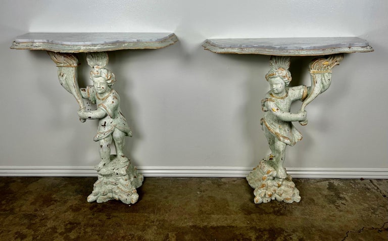 Pair of Cherub Consoles with Marble Tops, circa 1930s