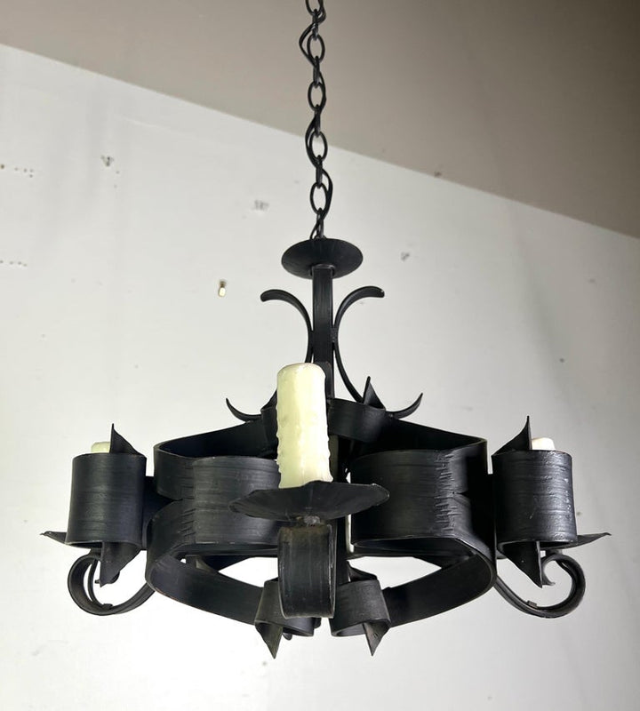 Spanish Gothic Style Hand Wrought Iron Chandelier C. 1940's