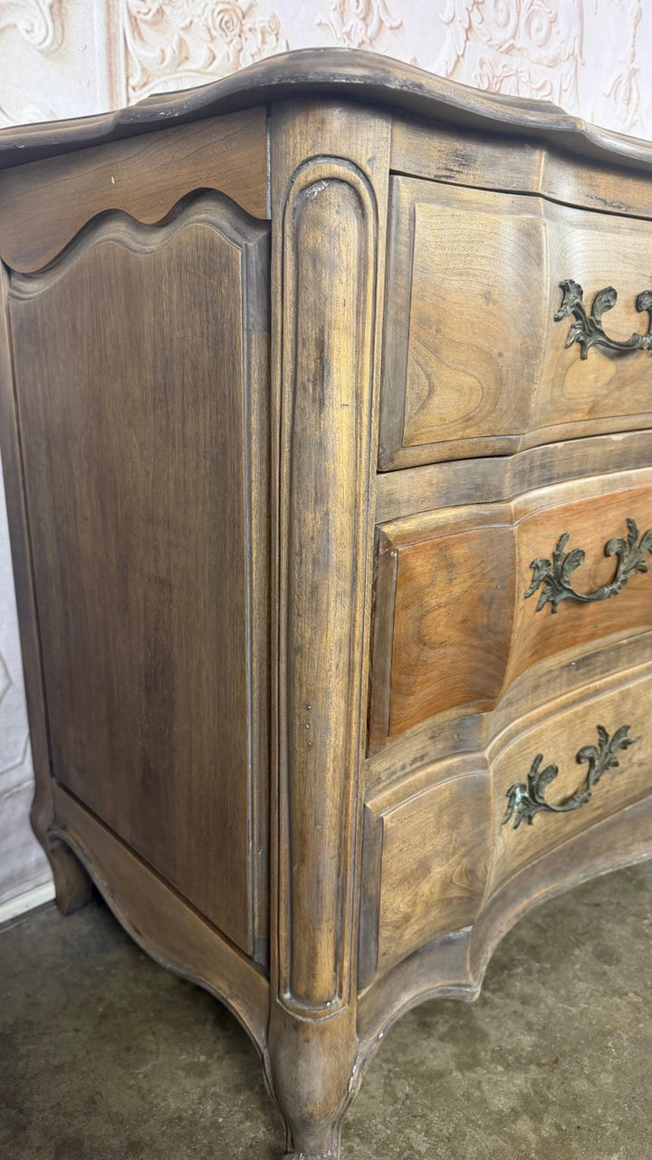 French Louis XV Style 9-Drawer Bombe Dresser in Bleached Fruitwood