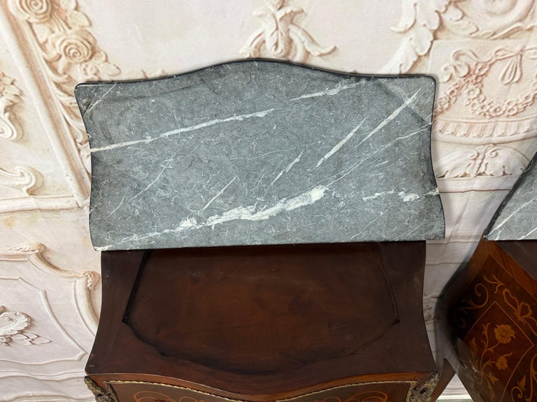 Pair of French Louis XV Style Bombe Nightstands - with Marble Tops