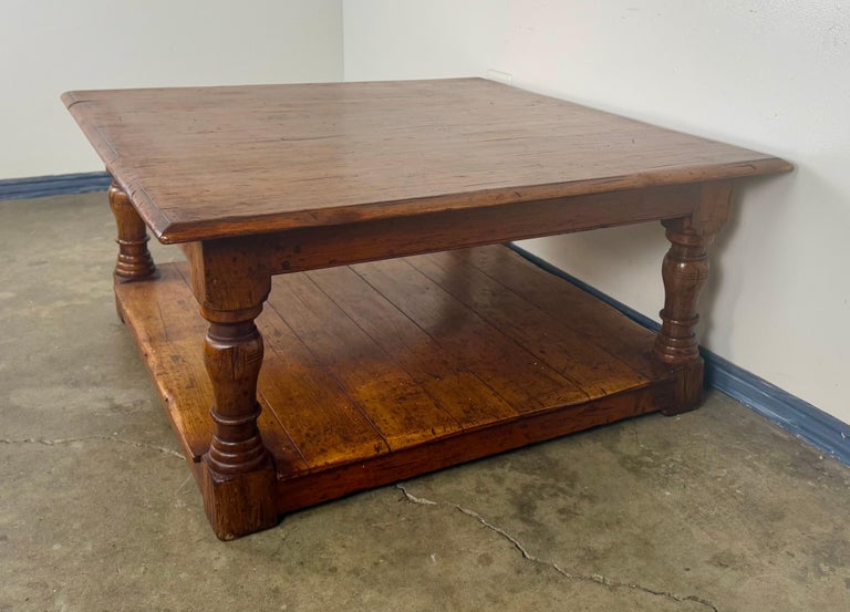 French Country Walnut Coffee Table with Turned Legs and Lower Shelf