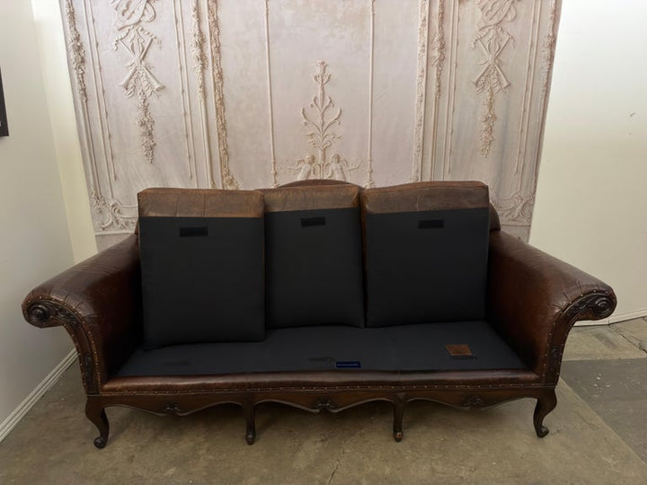 Ralph Lauren Home "Belmont" Hand-Carved Leather Camelback Sofa With Scroll Arms