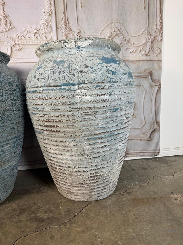 Pair of Antique Weathered Terracotta Garden Urns with Blue Patina