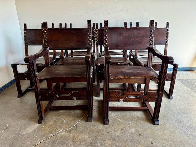 Set of Ten Spanish Revival Leather Dining Chairs, circa 1920s