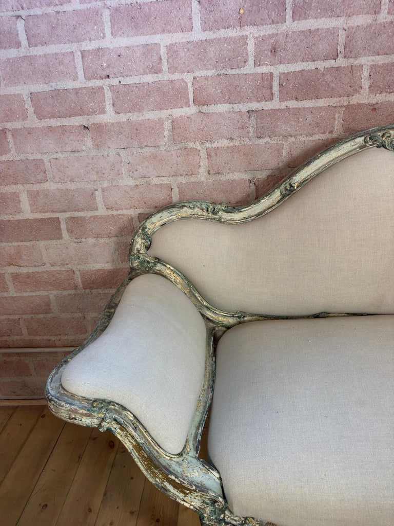French Louis XV Corbeille Settee with Original Distressed Patina and Shell Crest