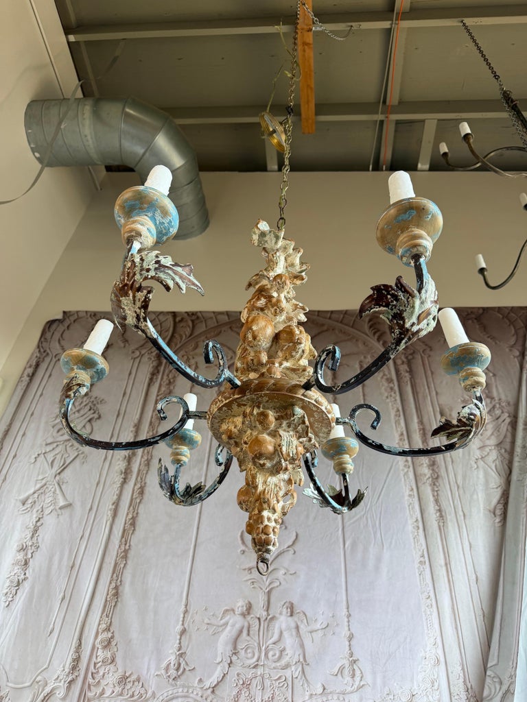 Italian Rococo Painted Wood & Iron 6-Light Chandelier with Fruit Garland
