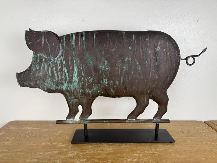 Antique Copper Pig Folk Art Weathervane on Custom Iron Stand