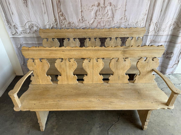 Rustic Hand-Carved Oak Benches, Pair, Folk Art / Spanish Colonial Style