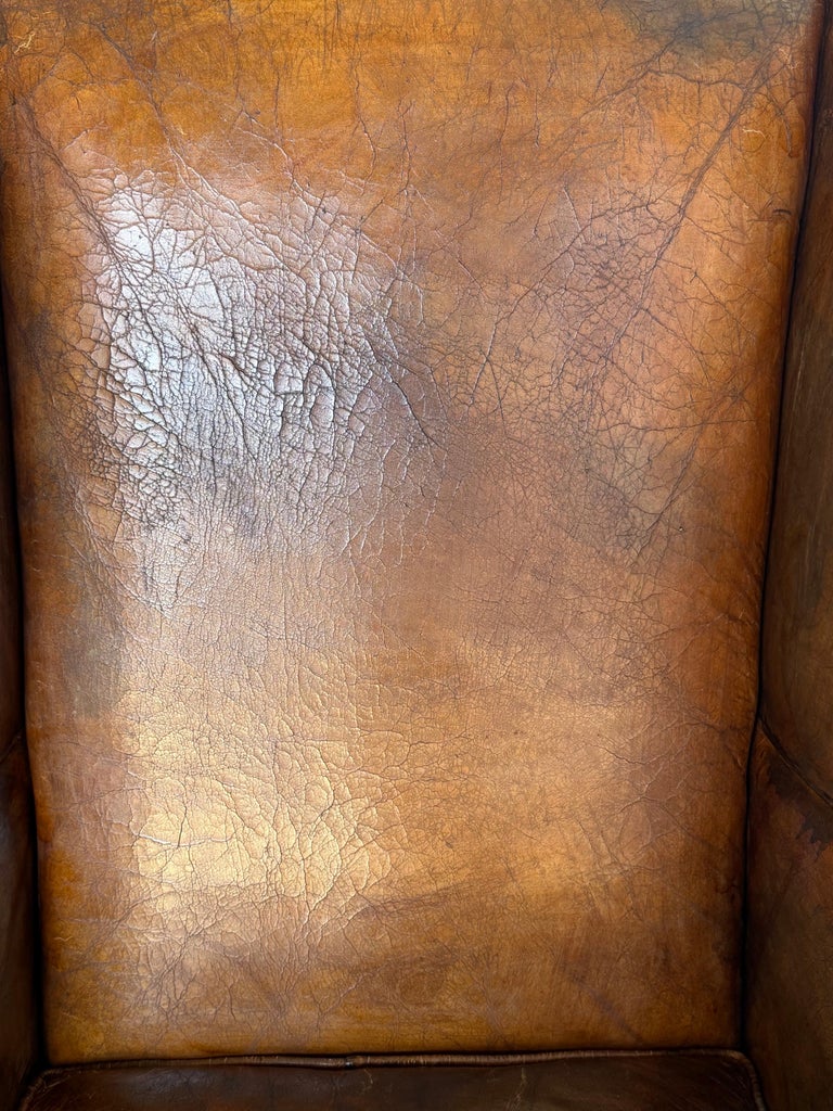 Pair of English Georgian Style Wingback Armchairs - Distressed Brown leather