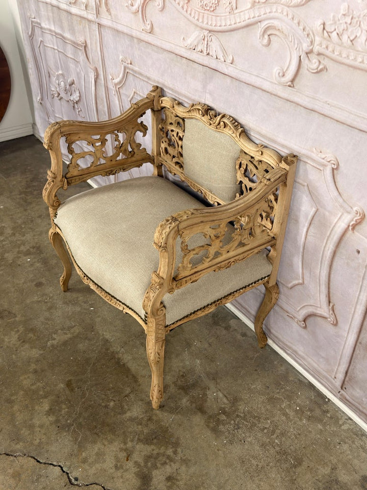 Antique Venetian Rococo Pierced Bench Settee- Hand Carved Bleached Walnut
