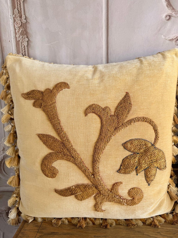 Pair of Golden Chenille Pillows w/ 19th Century Metallic Embroidered Appliqués