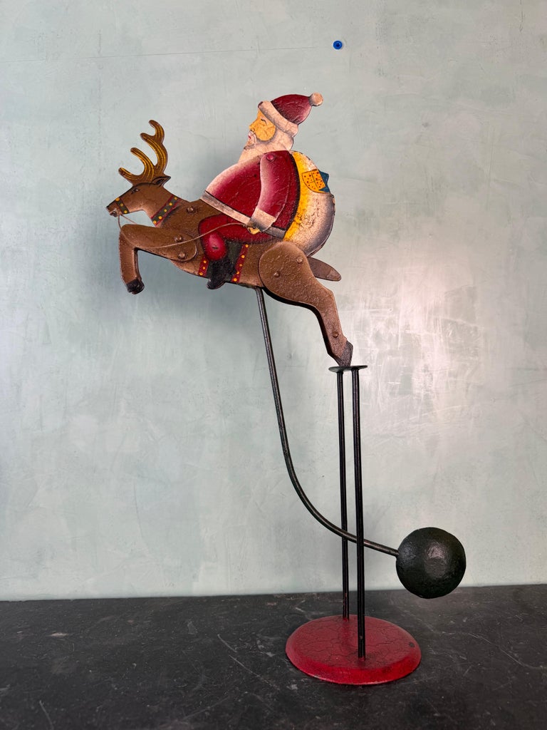 Vintage Folk Art Santa Claus on Reindeer Balancing Kinetic Sculptured