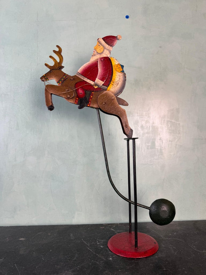 Vintage Folk Art Santa Claus on Reindeer Balancing Kinetic Sculptured