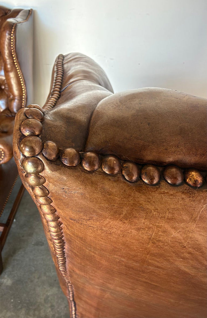 Georgian Wingback Armchairs, Leather Upholstery, Circa 1940s