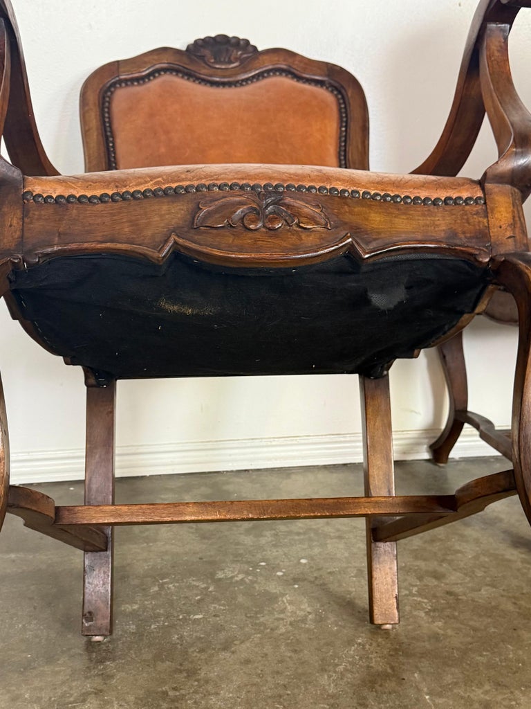 Set of Eight French Carved Wood Dining Chairs with Leather Upholstery