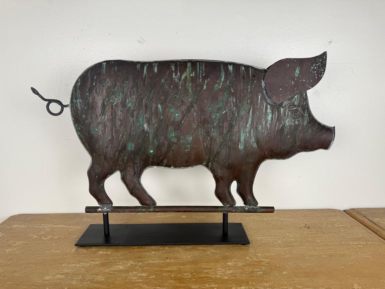 Antique Copper Pig Folk Art Weathervane on Custom Iron Stand