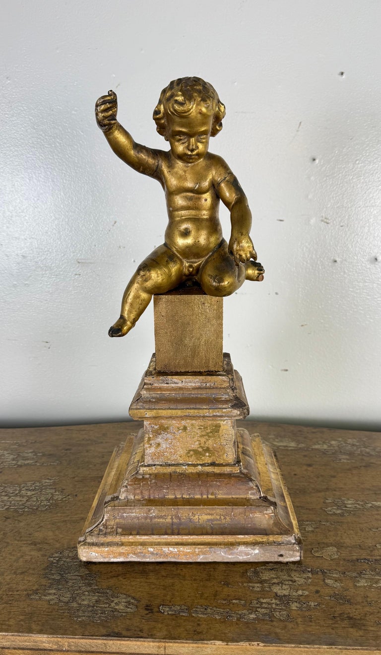 19th Century Italian Giltwood Cherub on Carved Plinth Base