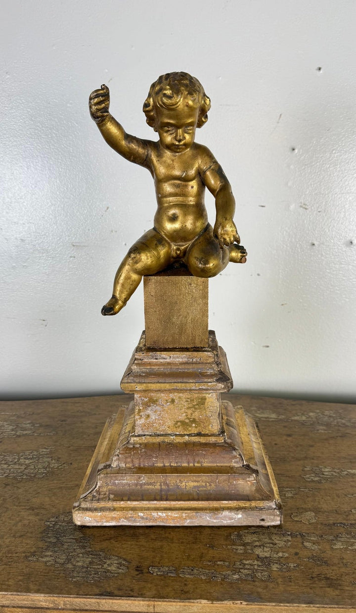 19th Century Italian Giltwood Cherub on Carved Plinth Base