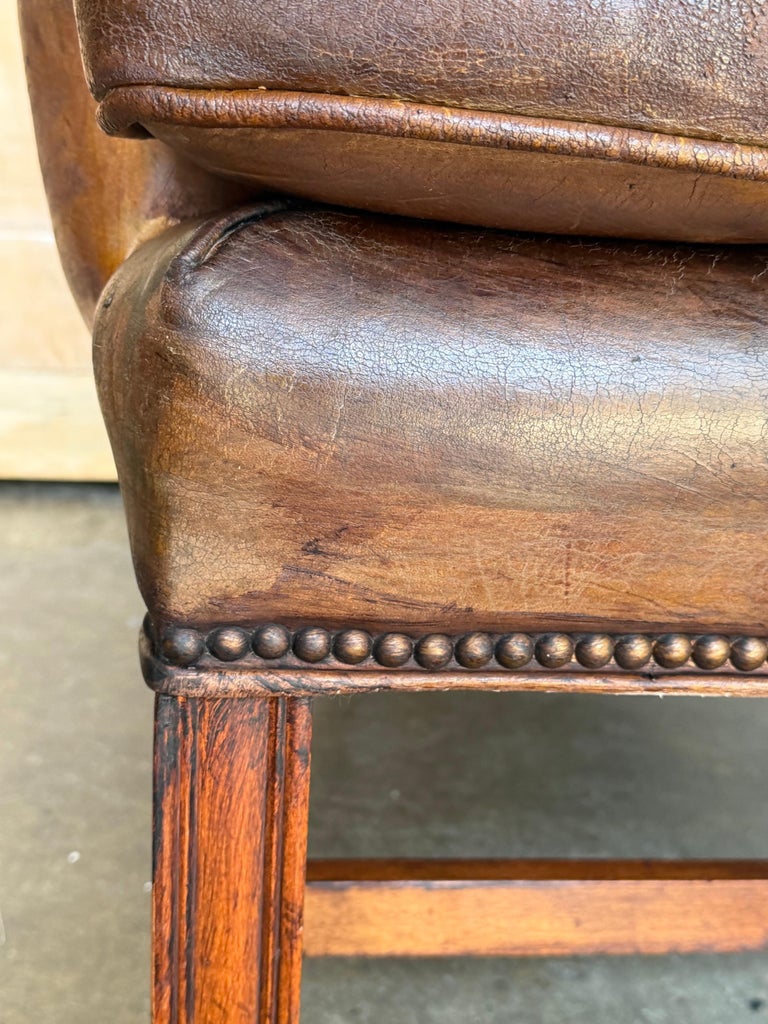 Pair of English Georgian Style Wingback Armchairs - Distressed Brown leather